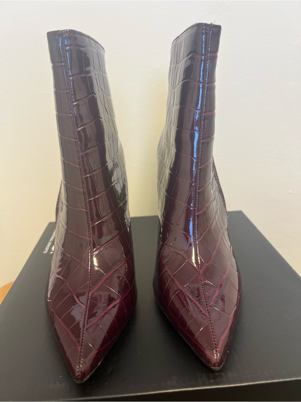 INC International Concepts Burgundy Patent Croc-Embossed Pointed Ankle Boots